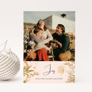 Boho Guld Blommig Glädje Rosa Vertikal Foto Jul Julkort