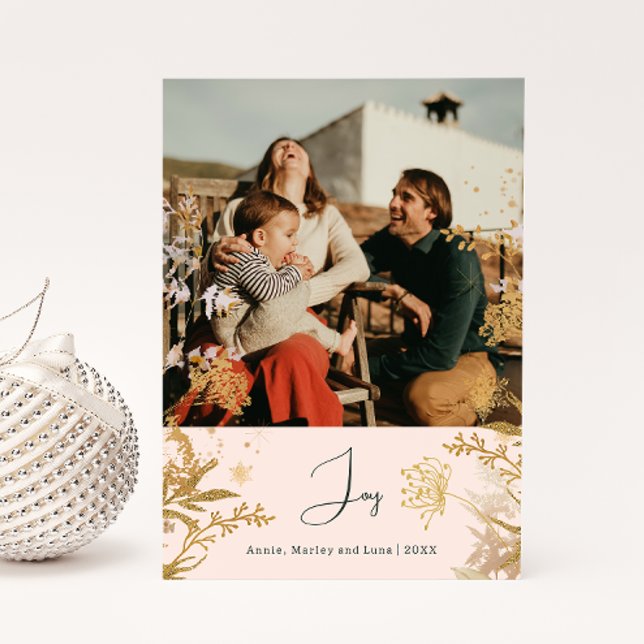 Boho Guld Blommig Glädje Rosa Vertikal Foto Jul Julkort (Skapare uppladdad)