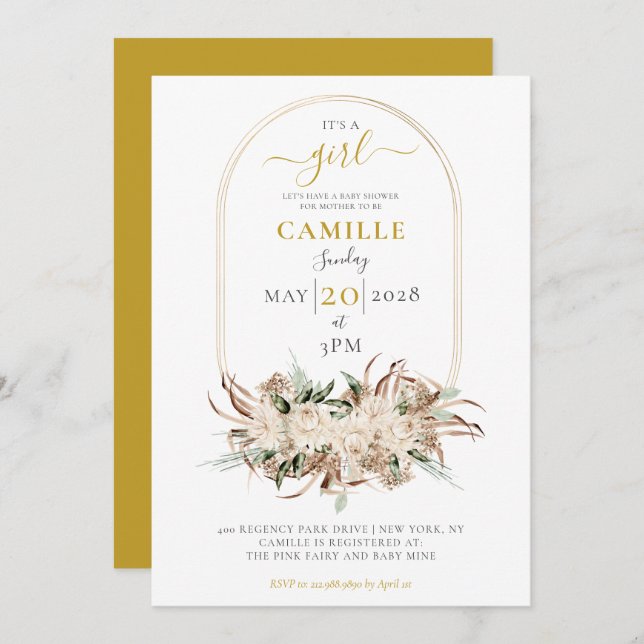 Boho Guld Blommigt Ram Baby Shower-inbjudan för ba Inbjudningar (Fram/baksida)