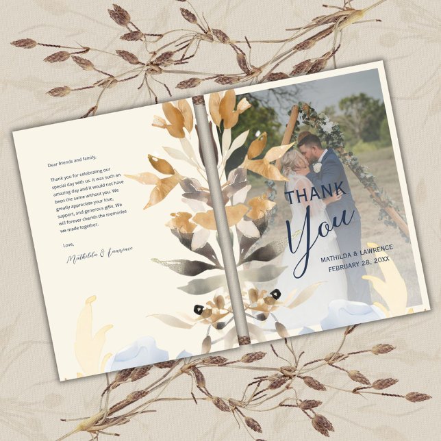 Boho Guld Blue Foliage Winter Wedding Photo Tack Kort (Boho Gold Dusty Blue Foliage Winter Wedding Photo Thank You Card)