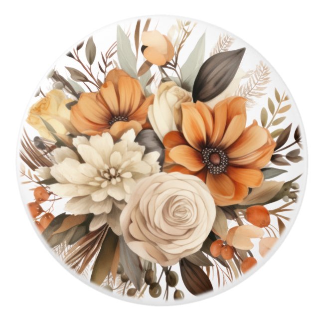 Boho Guld Brown Flowers Blommigt Ceramic Knob Knopp (Framsidan)