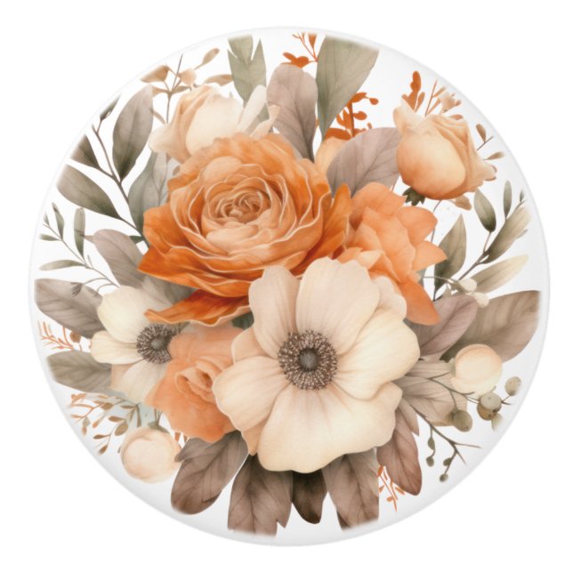 Boho Guld Bruna Blommor Blommig Keramisk Knap Knopp (Framsidan)
