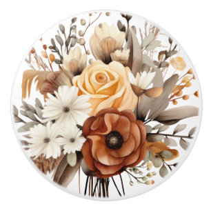 Boho Guld Bruna Blommor Blommig Keramisk Knap Knopp