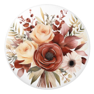 Boho Guld Bruna Blommor Blommig Keramisk Knap Knopp