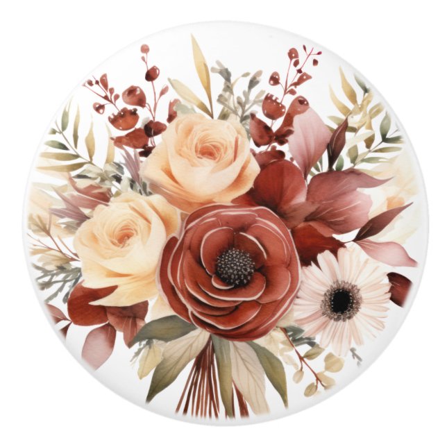 Boho Guld Bruna Blommor Blommig Keramisk Knap Knopp (Framsidan)