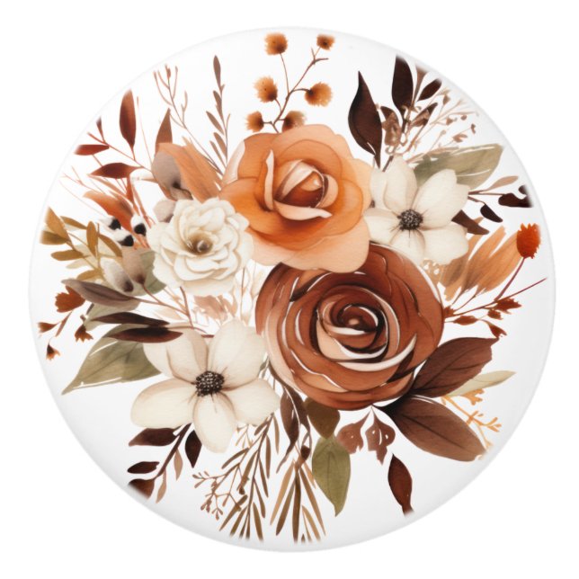 Boho Guld Bruna Blommor Blommig Keramisk Knap Knopp (Framsidan)