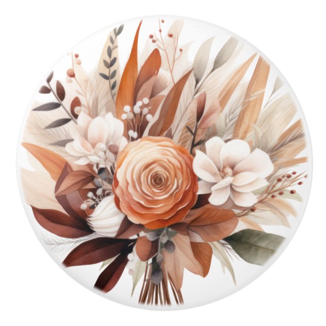 Boho Guld Bruna Blommor Blommig Keramisk Knap Knopp (Framsidan)