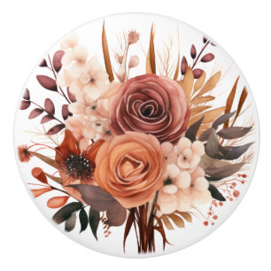 Boho Guld Bruna Blommor Blommig Keramisk Knap Knopp