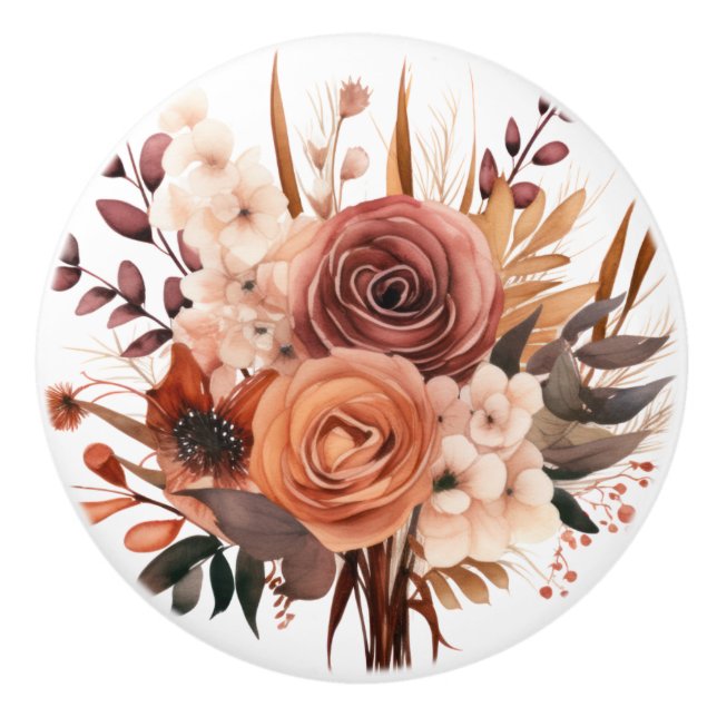 Boho Guld Bruna Blommor Blommig Keramisk Knap Knopp (Framsidan)