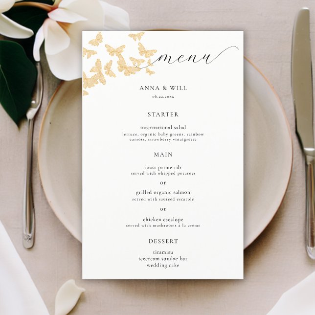 Boho Guld Butterflies Elegant Romantic Bröllop (boho gold butterflies wedding menu elegant modern romantic calligraphy simple classic minimalist)