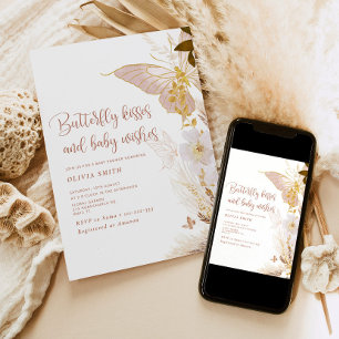 Boho guld Butterfly kysser babyduschen Inbjudningar