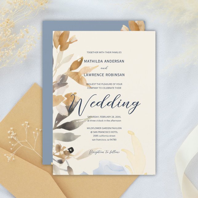 Boho Guld Dusty Blue Winter Blommigt Bröllop Inbjudningar (Boho Gold Dusty Blue Winter Floral Wedding Invitation)
