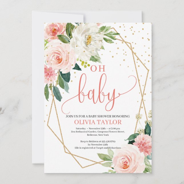 Boho Guld Geometric  Rosa Blommigt Oh baby Inbjudningar (Framsida)