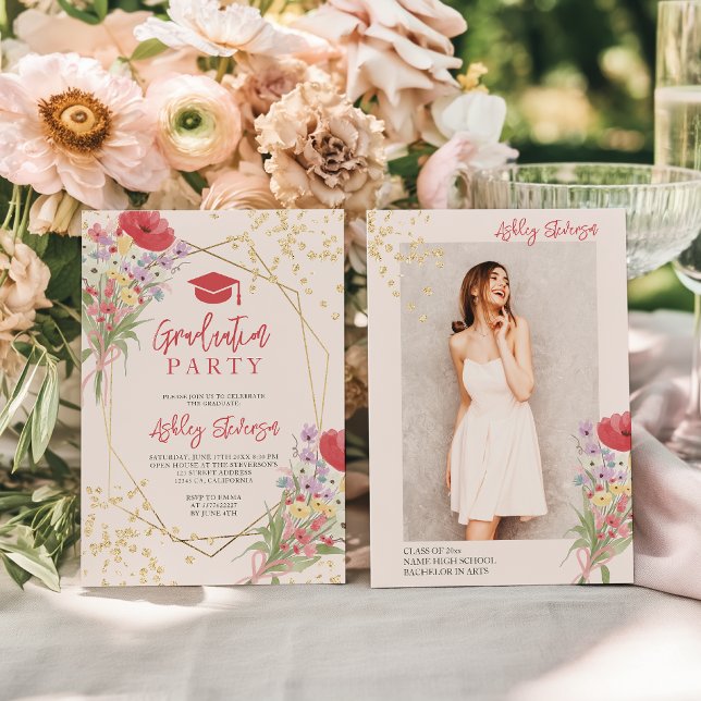 Boho guld glitter blommig rosa foto examen inbjudningar (Boho gold glitter floral pink photo graduation invitation)