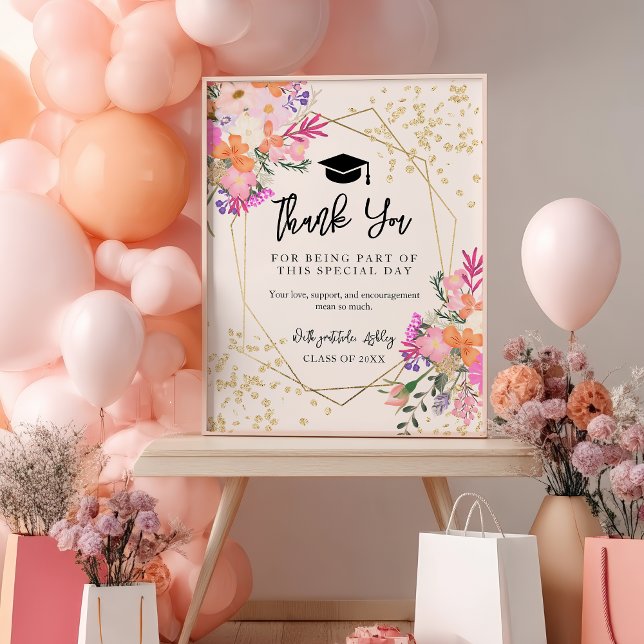 Boho Guld Glitter Blommigt Rosa Studenten Tack Poster (Boho Gold Glitter Floral Pink Graduation Thank You Poster)
