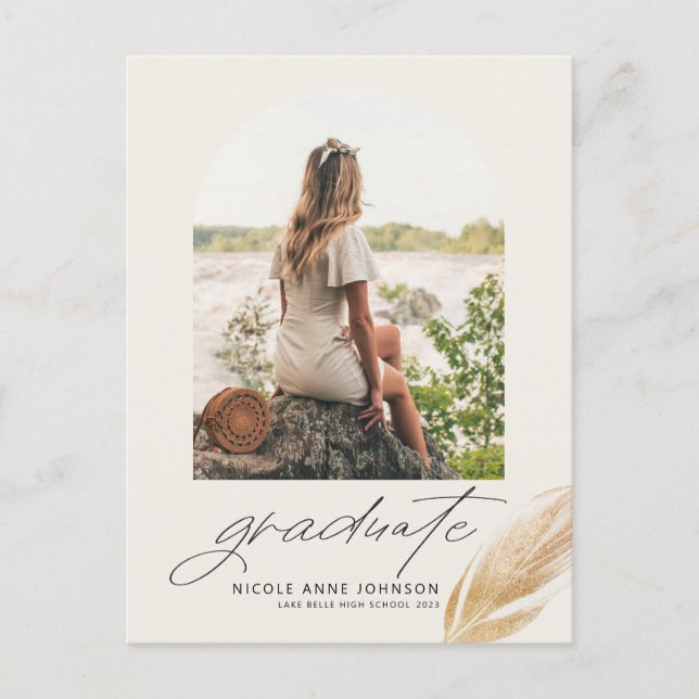 Boho Guld Glitter Feather Photo Studenten Meddelande Vykort (Framsida)