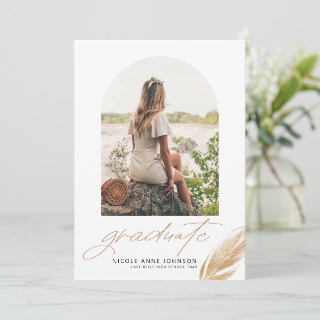 Boho Guld Glitter Feather White Photo Studenten Meddelande (Stående Fram)