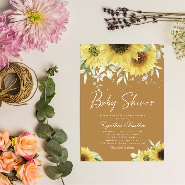 Boho Guld Glitter Solrosblommor Blommigt Baby Show Inbjudningar (Skapare uppladdad)