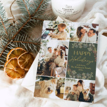 Boho Guld Grön Fem Foto Familj Julkort