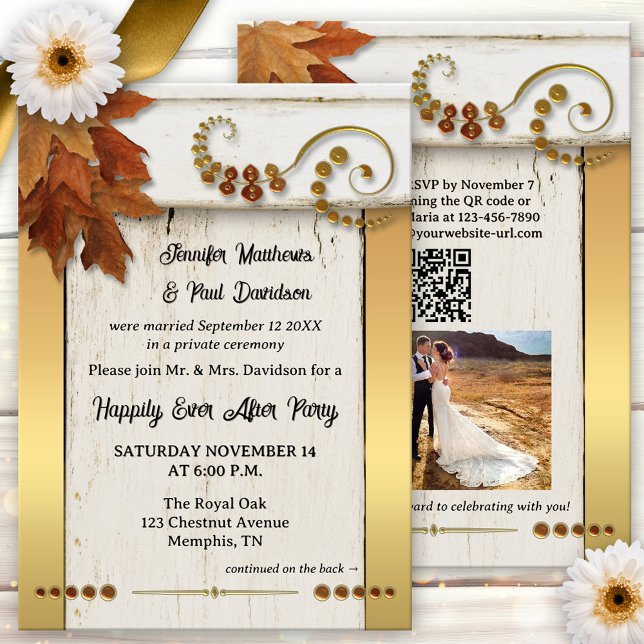 Boho Guld Höstlöv Lyckligt Alltid Efter Inbjudningar (Boho chic happily ever after wedding party invitation featuring a rustic design with fall leaves)