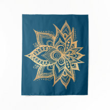 Boho Guld Lotus Flower Mandala Art Blue