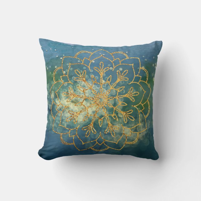 Boho Guld Mandala Blå Grön Akvarell Glitter Kudde (Framsida)