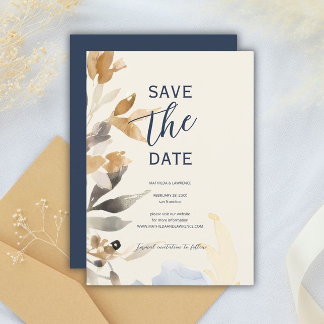 Boho Guld marinblått vinter Blommigt Bröllop Spara Datumet (Boho Gold Navy Blue Winter Floral Wedding Save The Date)