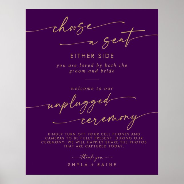 Boho guld och lila stol Oplockad ceremoniskylt Poster (Framsidan)