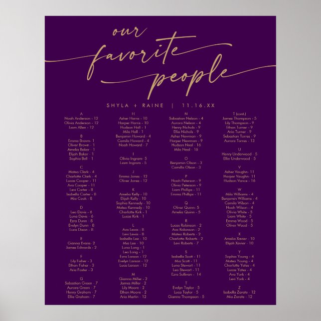 Boho guld och lila utskrivbart sittplatsschema poster (Framsidan)