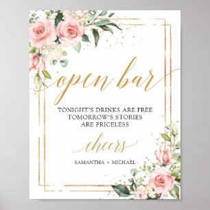 Boho guld ram  rosa blommigt öppna pub-skylt poster