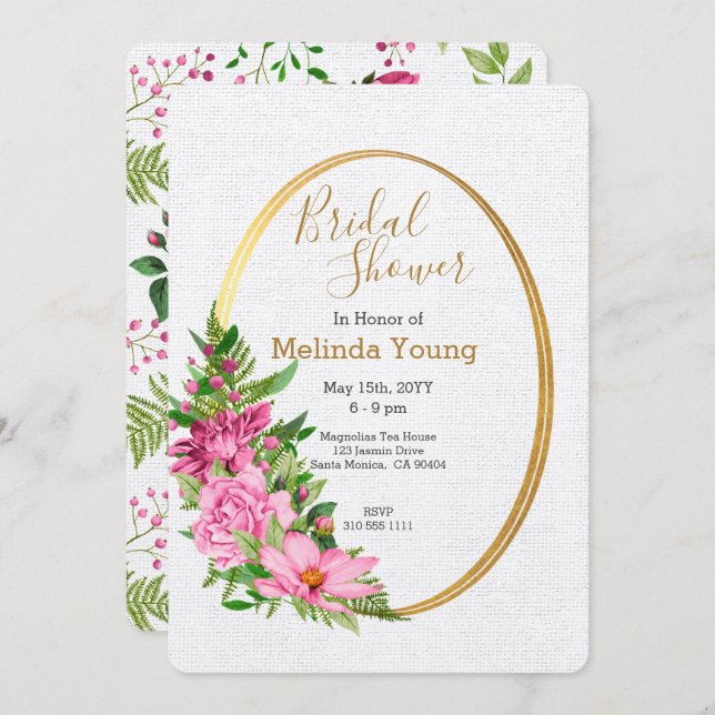 Boho Guld Rosa Watercolor Blommigt Möhippa Inbjudningar (Fram/baksida)