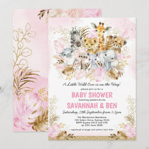 Boho Guld Safari Animals Girl Baby Shower Inbjudningar