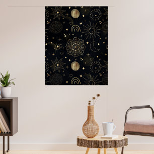 Boho Guld Space doodles Black Design Poster