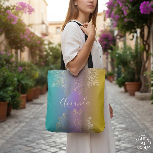 Boho Guld Trådstickning Mandala Pastell Regnbåge O Tygkasse (Skapare uppladdad)