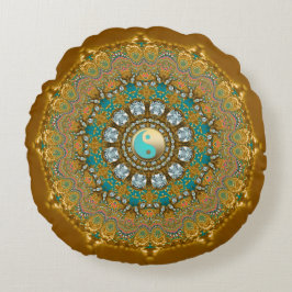 Boho Guld Turkos Yin Yang Juvel Mandala Rund Kudde