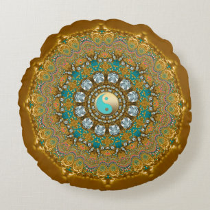 Boho Guld Turkos Yin Yang Juvel Mandala Rund Kudde
