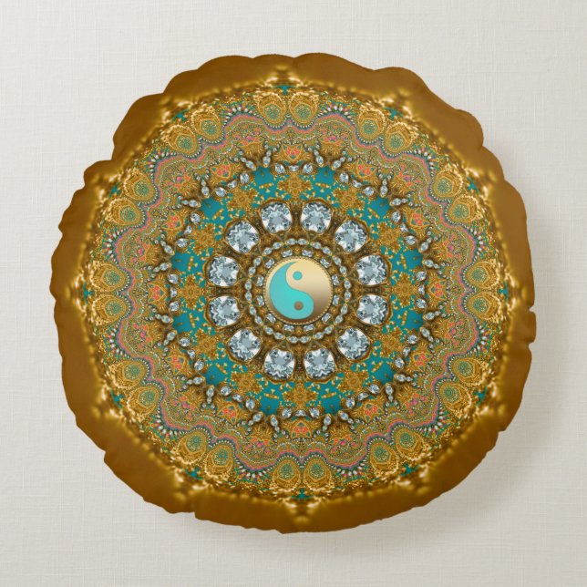 Boho Guld Turkos Yin Yang Juvel Mandala Rund Kudde (Framsidan)