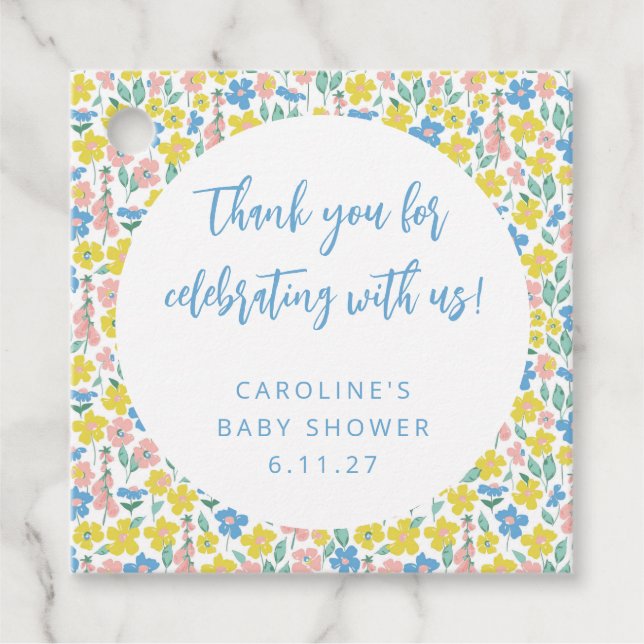 Boho Gult Ditsy Blommigt  Anpassningsbar Baby Show Gåvor Etiketter (Framsida)