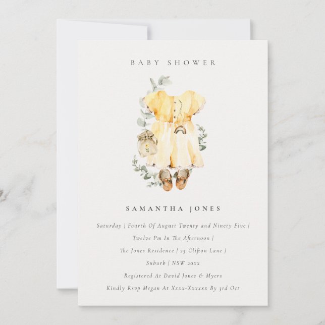 Boho Gult Dress Foliage Girl Baby Shower Inbjudan (Framsida)