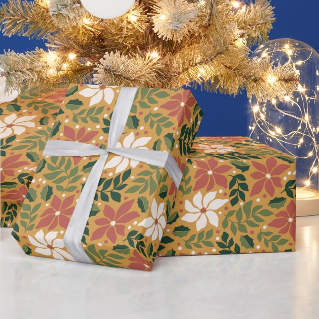 Boho Gult Grönt Red Blommigt Jul Helgdag Presentpapper (Helgdagar)