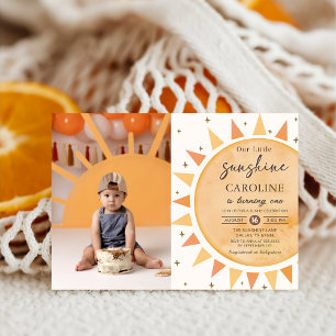 Boho Gult Little Sunshine Birthday Photo Inbjudningar
