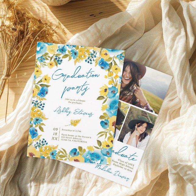 Boho Gult och Blue Blommigt 3 Photo Studenten Inbjudningar (Boho Yellow and Blue Floral 3 Photo Graduation Invitation)