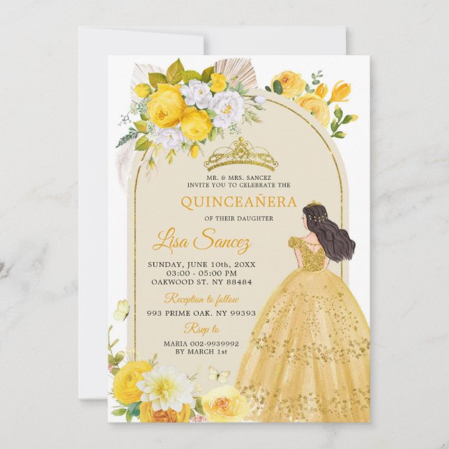 Boho Gult Princess Mis Quince Anos-inbjudan Inbjudningar (Framsida)