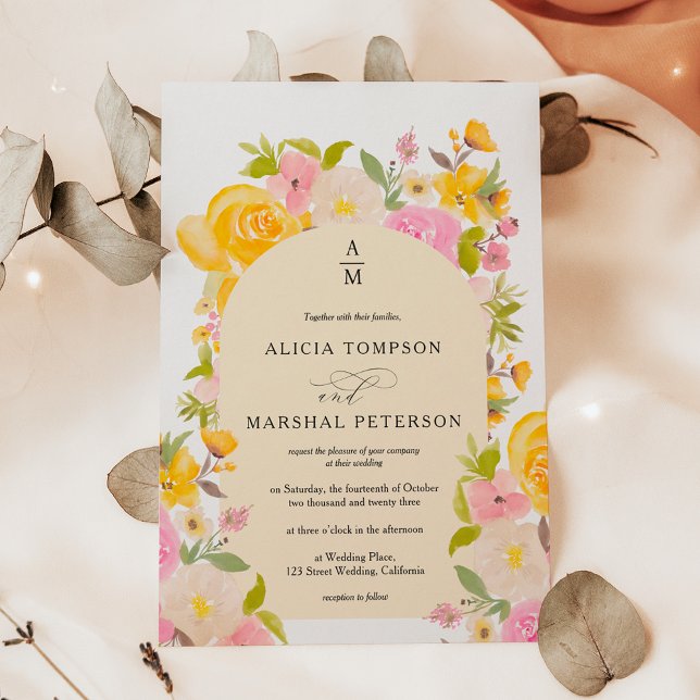 Boho Gult rosa blommigt arch chic bröllop Inbjudningar (Boho Yellow pink floral arch chic wedding Invitation)