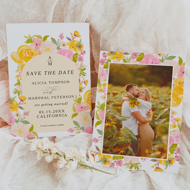 Boho Gult rosa blommigt arch chic bröllop Spara Datumet (Boho Yellow pink floral arch chic wedding Save The Date)