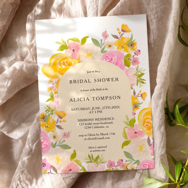 Boho Gult rosa blommigt Arch chic möhippa Inbjudningar (Boho Yellow pink floral arch chic bridal shower Invitation)
