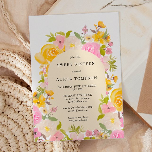 Boho Gult rosa blommigt Arch chic Sweet 16 Inbjudningar (Boho Yellow pink floral arch chic Sweet 16 Invitation)