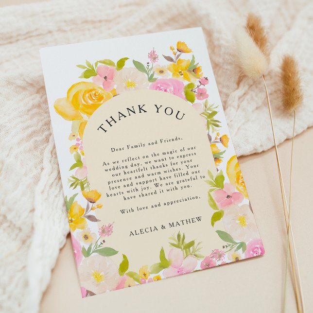 Boho gult rosa blommigt rustic Bröllop Tack Kort (Boho yellow pink floral rustic Wedding Thank You Card)