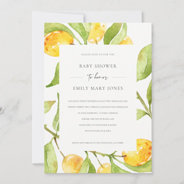 BOHO GULT WATERCOLOR FOLIAGE OLIVE BABY SHOWER INBJUDNINGAR (Framsida)
