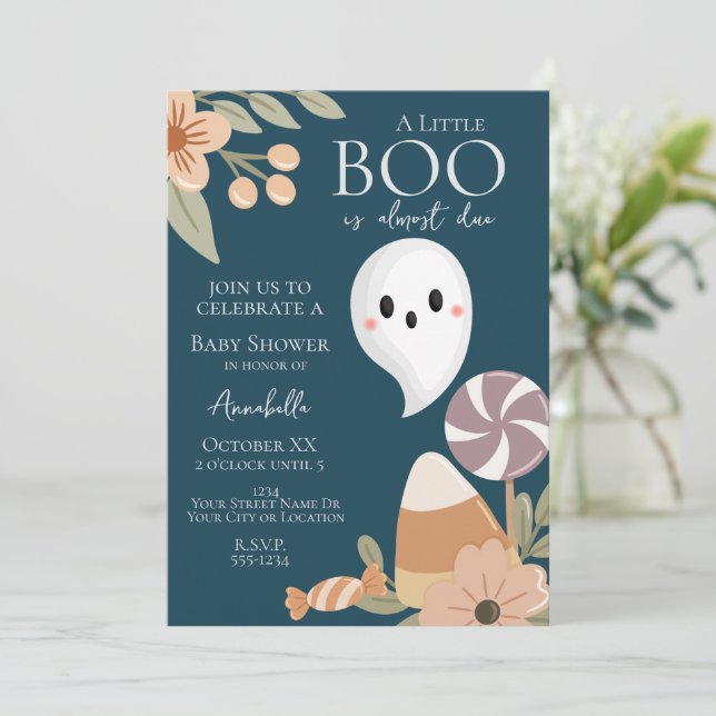 Boho Halloween Baby Shower Cute Ghost på Teal Inbjudningar (Stående Fram)